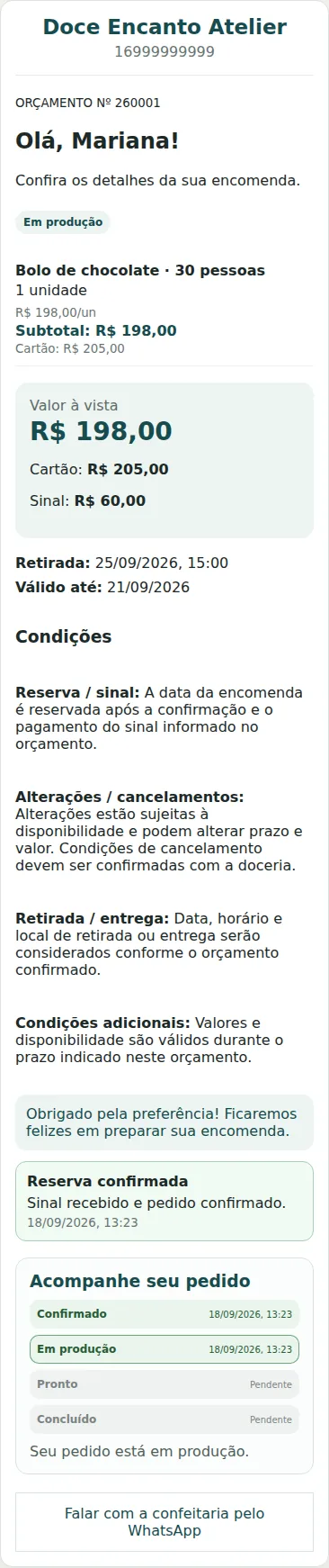 Acompanhamento real de pedido em produção no OrçaDoce Express